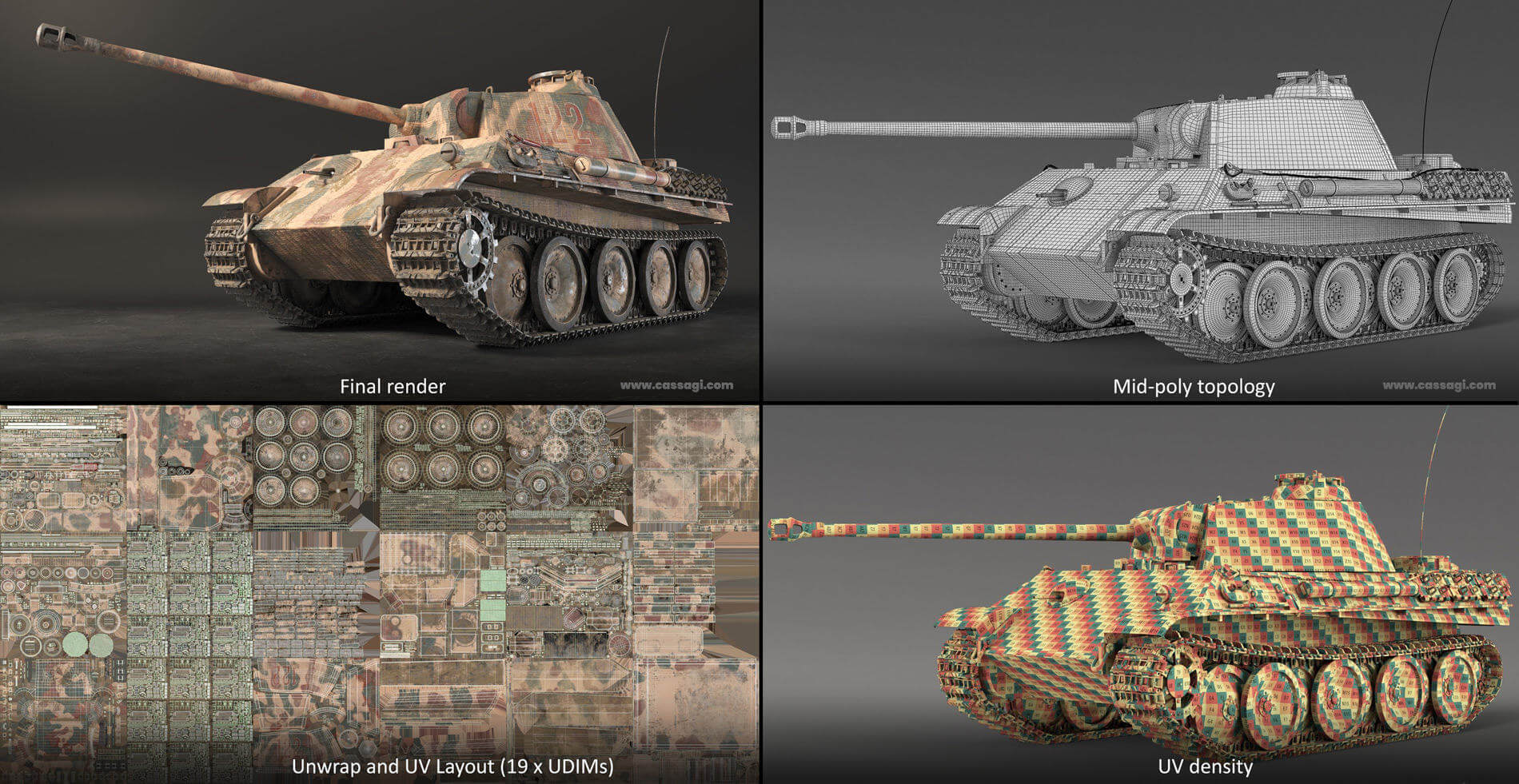 Final render, mid poly topology, UV density, Unwrap and UC Layout of a tank from the PC Game Hell Let Loose