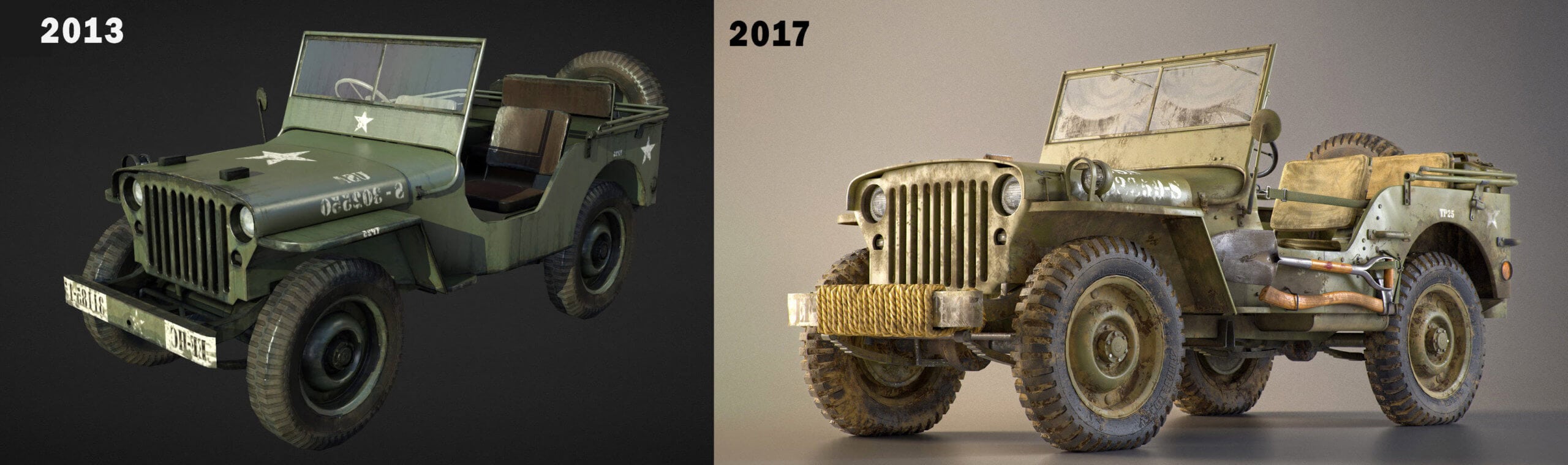 COmparison of a 3D asset Jeep Willys from the year 2013 and 2017