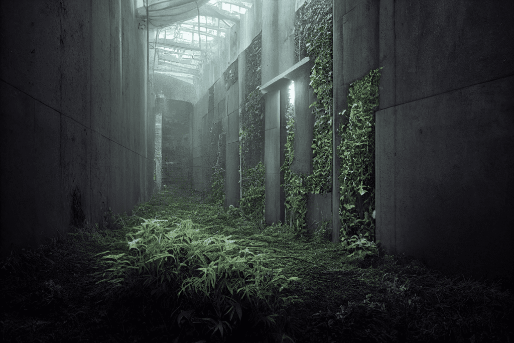 Cassagi generated image using AI Dalle-E 2 and Midjourney. Entry to the underground concrete maze, year 2040, wall overgrown with plants, epic shot, realistic, cloudy atmosphere, UE5