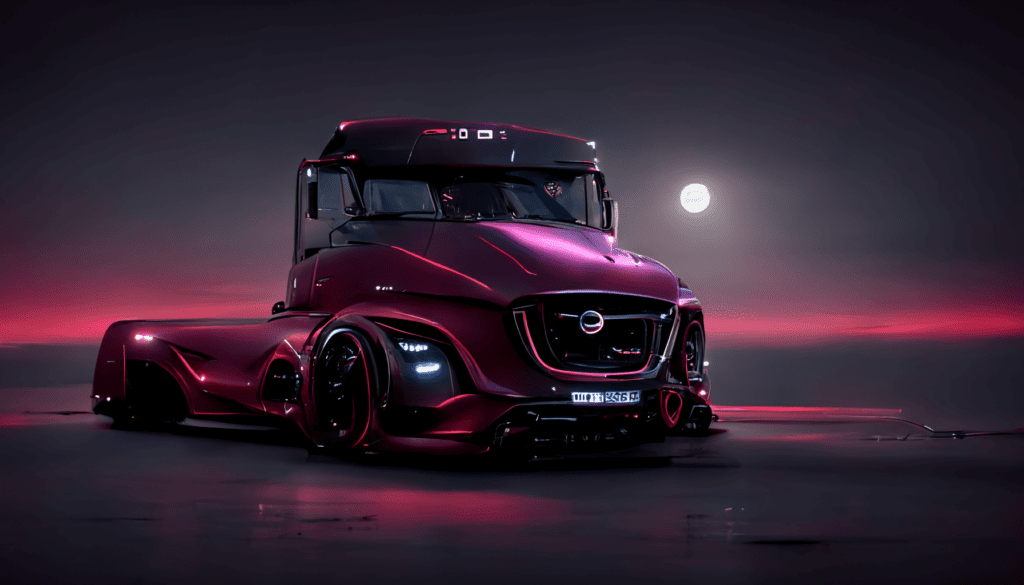 Cassagi generated image using AI Dalle-E 2 and Midjourney. It depicts epic-looking dark wine red colour Volvo Speedster truck