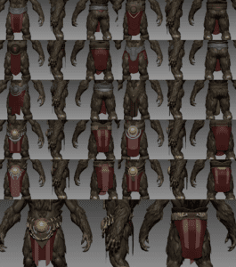 Display of various pieces of belts for 3D werebear fantasy character